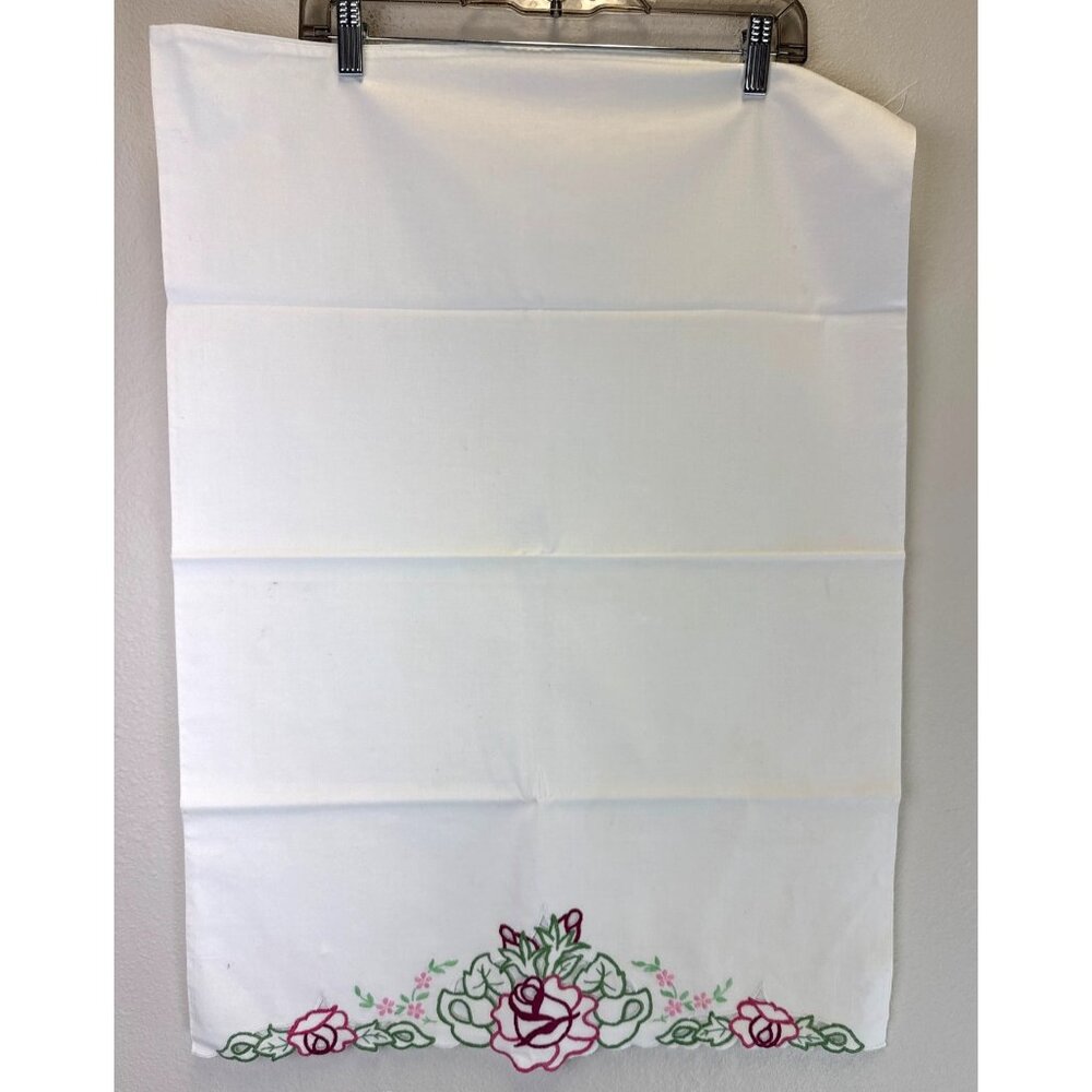 Vintage Hand-Embroidered Floral Pillowcases With Pink & Green Roses Design